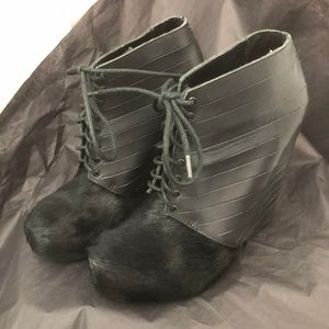 Matiko Black Leather and Pony Bootie Wedges